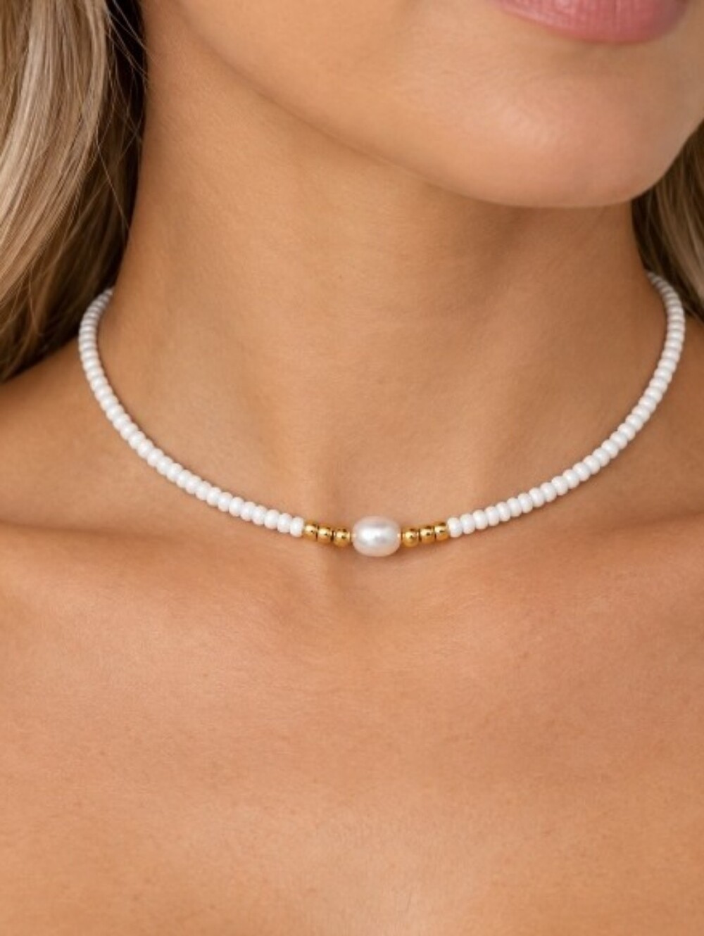 Coastal Gold and White Bead Seed Choker.